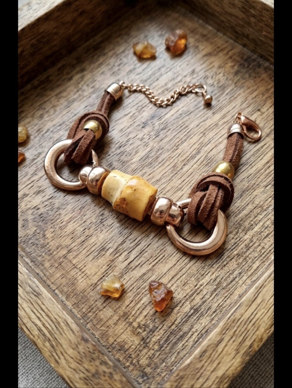 Brown and Gold Leather Bracelet with Amber Centerpiece